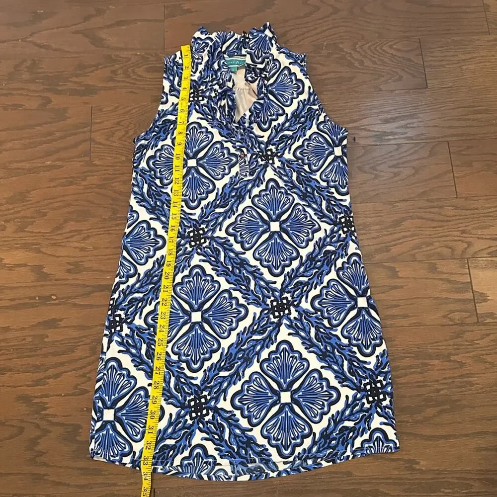 Southern Frock Blue White Sleeveless Ruffle Neck Shift Dress Size Small